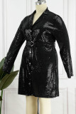Svarta sexiga solida paljetter Patchwork-spänne turndown-krage raka klänningar i stora storlekar