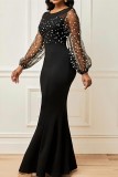 Black Casual Solid Patchwork See-through O Neck Long Sleeve Dresses