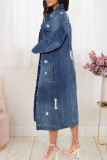 Navy Blue Casual Solid Ripped Patchwork Buckle Turndown Collar Long Sleeve Straight Long Cardigan Denim Jacket