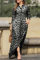 Серые повседневные платья с длинными рукавами и леопардовым принтом в стиле пэчворк с отложным воротником