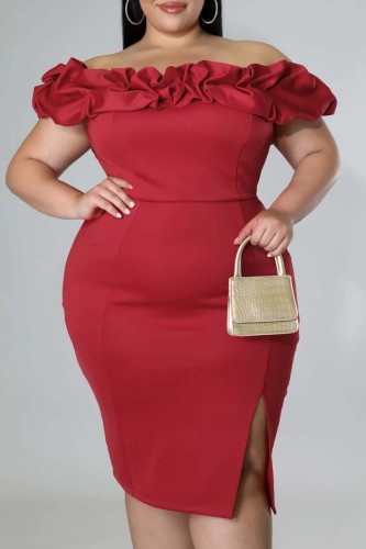 Robe de soirée rouge mode sexy grande taille solide patchwork dos nu fente hors de l'épaule