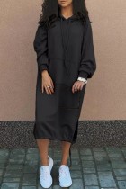 Vestidos de manga larga con cuello encapuchado de patchwork sólido casual negro