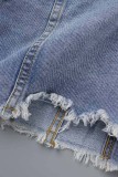 Jaqueta jeans azul claro casual patchwork sólido manga longa gola aberta