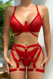 Red Sexy Solid Bandage Patchwork See-through Valentines Day Lingerie Three Pieces
