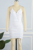 ホワイトセクシーソリッドパッチワークフォールド非対称スパゲッティストラップペンシルスカートドレス