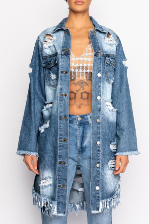 Light Blue Casual Street Solid Make Old Patchwork Buckle Turndown Collar Long Sleeve Straight Long Cardigan Distressed Raw Hem Ripped Denim Jacket