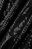 Черные сексуальные сплошные блестки Пэчворк Пряжка с отложным воротником Прямые платья больших размеров