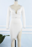 Белое сексуальное лоскутное горячее сверление Асимметричное платье с длинным рукавом с V-образным вырезом