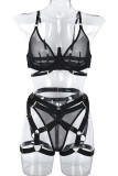Black Sexy Solid Bandage Patchwork See-through Valentines Day Lingerie Three Pieces