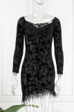 Black Sexy Solid Patchwork Feathers Backless Off the Shoulder Long Sleeve Dresses