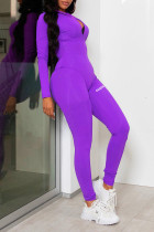 Púrpura casual estampado patchwork cuello alto manga larga dos piezas