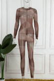 Combinaisons skinny marron sexy imprimé patchwork transparent col rond