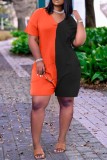Macacão solto preto laranja fashion casual patchwork sólido decote em V