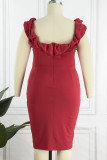 Vestido de noite vermelho fashion sexy plus size patchwork sem costas com decote ombro a ombro