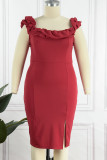 Vestido de noche con escote en el hombro sin espalda de patchwork sólido de talla grande sexy rojo a la moda