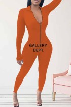 Orange sexy Druckbuchstabe-Reißverschluss-Kragen-Overalls