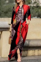 Vestidos de manga comprida com estampa casual patchwork vermelho