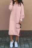 ピンク カジュアル ソリッド パッチワーク フード付き カラー ロング スリーブ ドレス