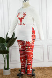 Red Casual Print Patchwork Slit O Neck Plus Size Two Pieces