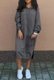 ブラック カジュアル ソリッド パッチワーク フード付き カラー ロング スリーブ ドレス