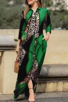 Зеленые повседневные платья с длинным рукавом и отложным воротником в стиле пэчворк с принтом