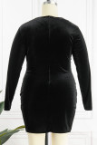 ブラック セクシー カジュアル ソリッド パッチワーク Oネック ロングスリーブ プラスサイズ ドレス