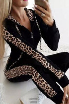 Negro Estampado sexy Leopardo Patchwork Cremallera Cuello con capucha Manga larga Dos piezas