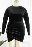 Черные сексуальные повседневные однотонные лоскутные платья с круглым вырезом и длинными рукавами больших размеров