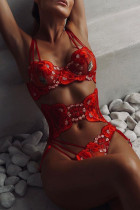 Red Sexy Solid Embroidered Patchwork See-through Valentines Day Lingerie Three Pieces