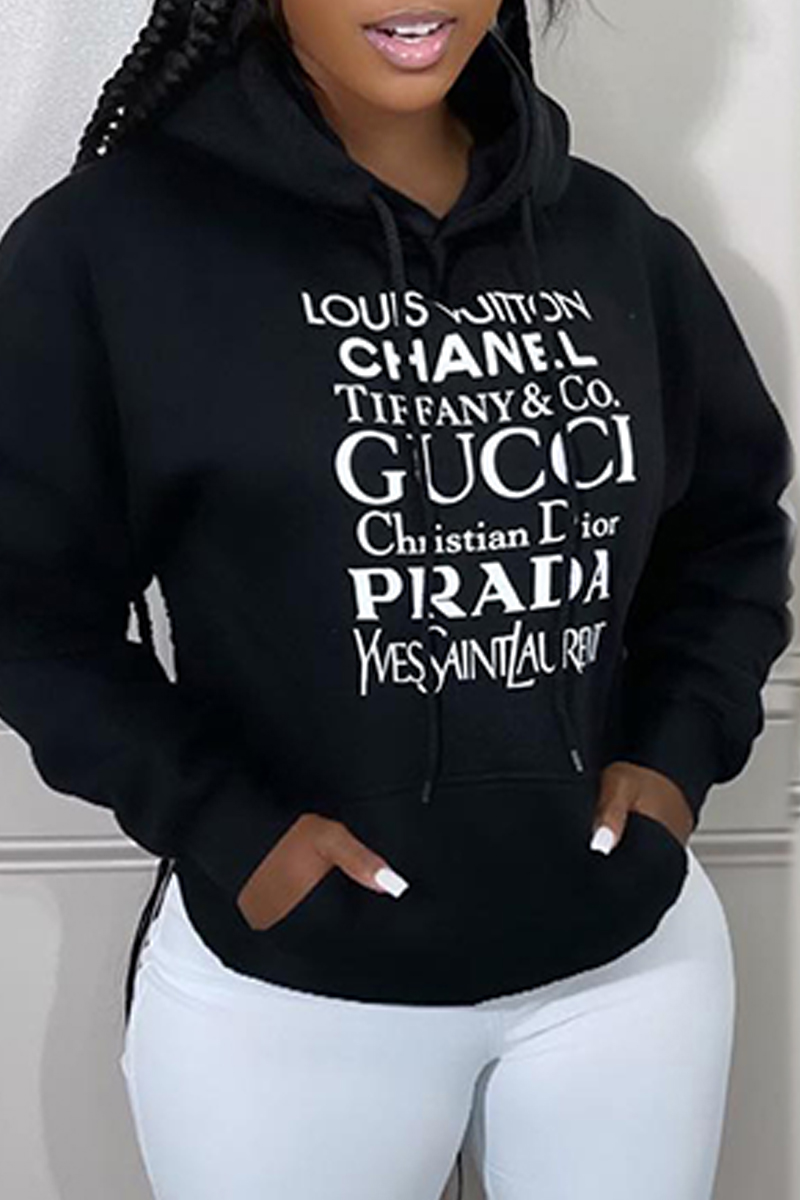 

Black Casual Print Letter Hooded Collar Tops