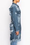 Giacca di jeans dritta a maniche lunghe con colletto rovesciato con fibbia patchwork azzurra casual da strada solida strappata