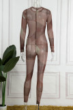 Brun Sexig Print Patchwork Genomskinlig O-hals Skinny Jumpsuits