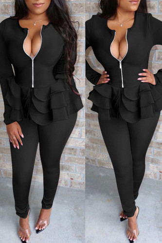 Black Casual Solid Patchwork Flounce Zipper Collar Long Sleeve Two Pieces