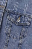 Djupblå Casual Solid Patchwork Turndown-krage Långärmad vanlig jeansjacka