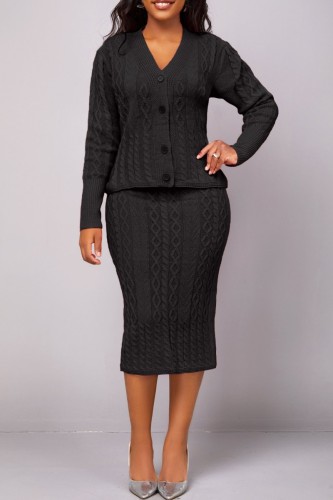 Black Casual Solid Buttons V Neck Long Sleeve Two Pieces