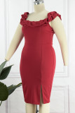 Vestido de noche con escote en el hombro sin espalda de patchwork sólido de talla grande sexy rojo a la moda