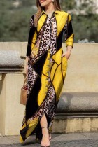 Geel casual print patchwork turndown kraag jurken met lange mouwen