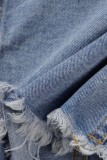 Jaqueta jeans com gola alta manga longa casual azul profundo patchwork sólido