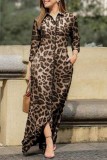 Vestidos de manga longa com estampa de leopardo e estampa casual de café