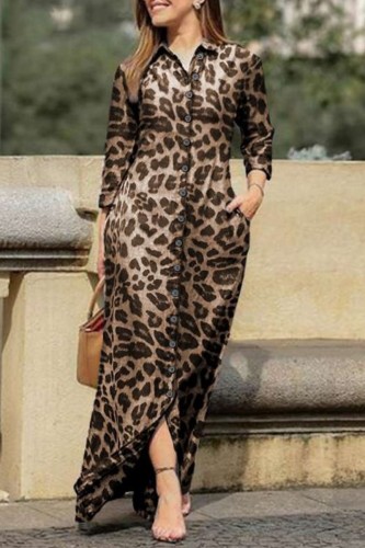 Vestidos casuais com estampa de leopardo patchwork gola redonda e manga comprida