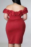 Red Fashion Sexy Plus Size Solid Patchwork Backless Slit Off the Shoulder Abendkleid