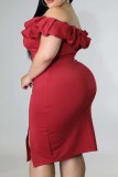 Red Fashion Sexy Plus Size Solid Patchwork Backless Spacco al largo della spalla Abito da sera