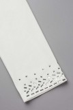 Weiß Sexy Patchwork Hot Drilling Asymmetrische V-Ausschnitt Langarm-Kleider
