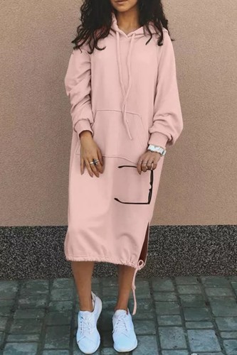 Pink Casual Solid Patchwork Hooded Collar Long Sleeve Dresses
