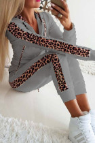 Grigio sexy stampa leopardo patchwork cerniera collare con cappuccio manica lunga due pezzi