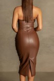 Bruine sexy effen rugloze strapless mouwloze jurkjurken