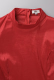 赤のエレガントな固体パッチワーク半分タートルネックのイブニング ドレス プラス サイズのドレス
