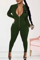 Army Green Sexy Print Patchwork Zipper Collar Jumpsuits