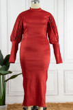 Rode elegante effen patchwork halve coltrui avondjurk grote maten jurken