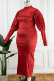 Rojo Elegante Sólido Patchwork Medio Cuello Alto Vestido De Noche Vestidos De Talla Grande